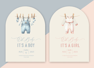Cute baby shower watercolor arch invitation card with newborn clothes. Oh baby calligraphy.