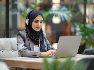 A confident and elegant business professional wearing a hijab engages with a laptop, showcasing a blend of modern technology and traditional attire