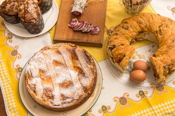 Easter Breakfast whit Colomba Pasquale or Easter Dove,  eggs, pastiera napoletana, corallina salami...