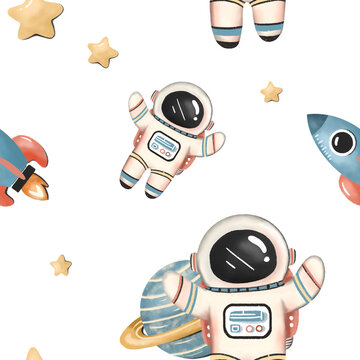 Adorable Astronaut & Rockets watercolor Seamless Pattern with white background