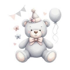 Cute watercolor teddy bear with balloons. Happy birthday card.
