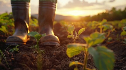 Agricultural workers in rubber boots tend to young crops at sunset. 
