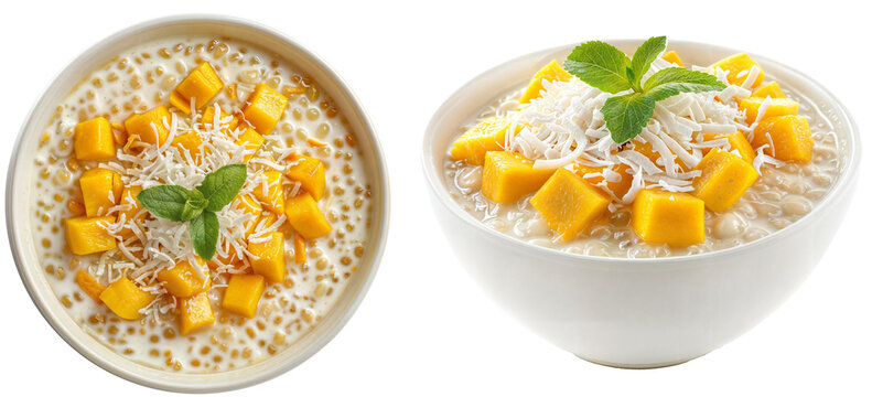 bowl with tapioca pudding with diced mangoes and shredded coconut, isolated on a white background, food bundle