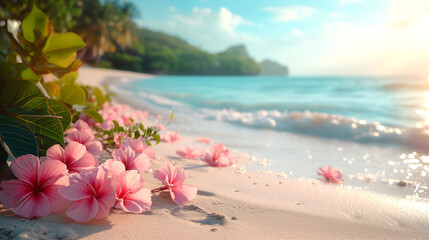  Beautiful pink hibiscus flowers on tropical beach with copy space