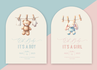 Cute baby shower watercolor arch invitation card with plush teddy bear and bunny drying on a rope. Oh baby calligraphy.
