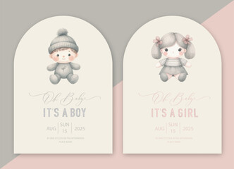 Cute baby shower watercolor arch invitation card with doll girl and boy. Oh baby calligraphy.