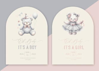Cute baby shower watercolor arch invitation card with plush toy teddy bear and girl bear doll. Oh baby calligraphy.