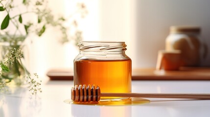 A charming scene with a small glass jar of golden honey and a wooden dipper on a white surface. Jar height 3 inches, dipper length 5 inches. Perfect for honey enthusiasts.