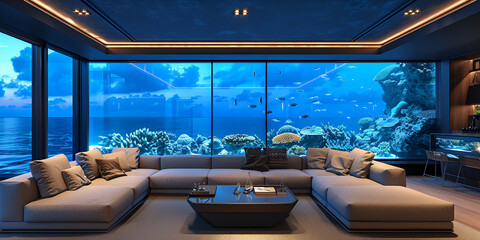 interior of a luxury hotel under  a large aquarium  - obrazy, fototapety, plakaty