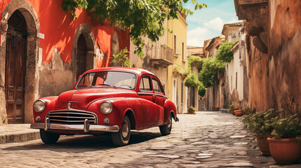 Roter alter Oldtimer in einer italienischen Straße, Kunst Design - obrazy, fototapety, plakaty