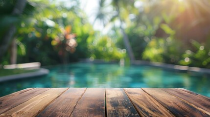 Empty wooden tabletop and blurred tropical swimming pool background for display of summer products or cosmetic