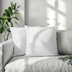 Blank white soft pillow mock-up on couch natural light for product presentation.