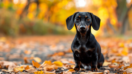 dog in autumn, german dachshund - obrazy, fototapety, plakaty