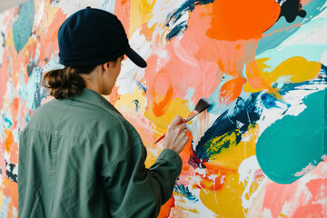A woman is painting a colorful wall with a brush