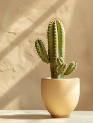 A single cactus with two arms stands in a beige pot against a beige wall, casting soft shadows in natural light.