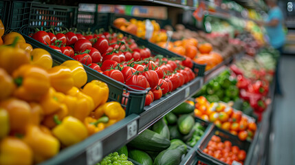 Fresh fruits and vegetables on shelf in supermarket. Fresh greens and vegetables on a display in a supermarket. Various type of fresh fruits arrange neatly grocery store. Apple, Orange, tomato. - obrazy, fototapety, plakaty