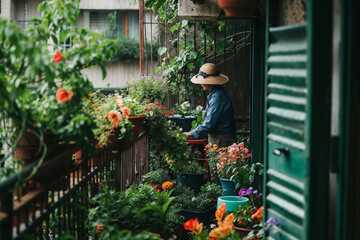 A woman is tending to her garden on a balcony