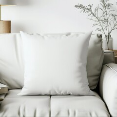 Blank white soft pillow mock-up on couch natural light for product presentation.