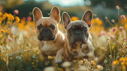 two french bulldogs sitting in the grass - obrazy, fototapety, plakaty