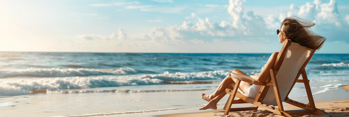 
Photo of a woman relaxing on a deck chair at the beach, with copy space for text
