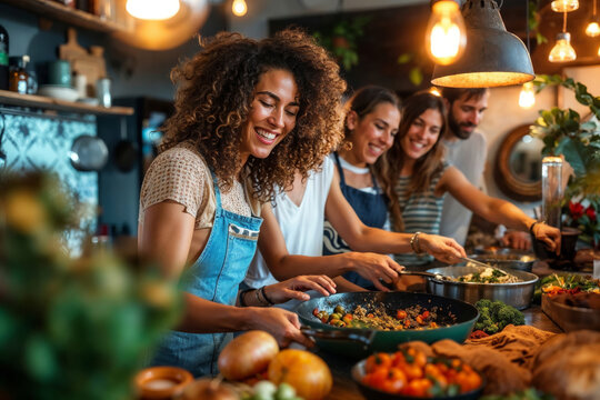 A group of people are cooking and laughing together in a kitchen