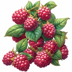 In the garden, ripe red raspberries on lush branches offer a healthy, sweet summer snack.