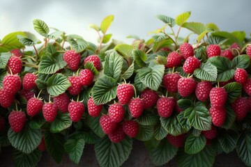Amidst lush foliage, ripe red raspberries beckon, epitomizing nature's sweet summer harvest. - obrazy, fototapety, plakaty