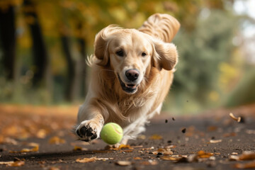A dog is running with a tennis ball in its mouth