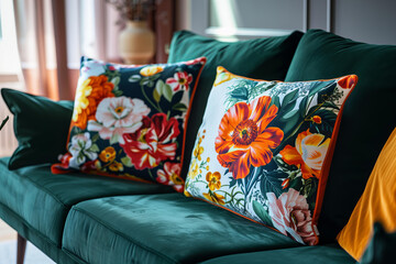  living room with a dark green velvet sofa with bright floral print pillows