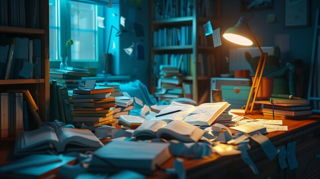 3D render illustrate of A late-night study session is depicted with textbooks spread out across a cluttered desk illuminated by the soft glow of a desk lamp