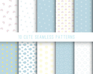 Cute sky seamless pattern set. Simple nursery art for baby. White and blue stars, sun, clouds and rainbow on blue and white background. Vector illustration.