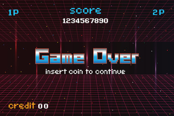 GAME OVER INSERT A COIN TO CONTINUE .pixel art .8 bit game. retro game. for game assets .Retro Futurism Sci-Fi Background. glowing neon grid. and stars from vintage arcade computer games - obrazy, fototapety, plakaty