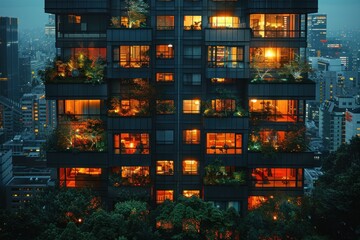 night view, several windows of modern city at night