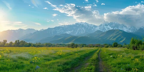 Obraz premium spring wibes, colorfull and calm, soft colors, photo in mountain plane spring field, almaty city mountains
