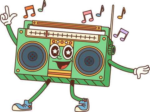 Groovy retro tape recorder cartoon character. Hippie happy character, vintage cheerful boombox personage or retro funny music player isolated vector sticker. Cute dancing tape recorder 60s mascot