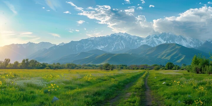 spring wibes, colorfull and calm, soft colors, photo in mountain plane spring field, almaty city mountains