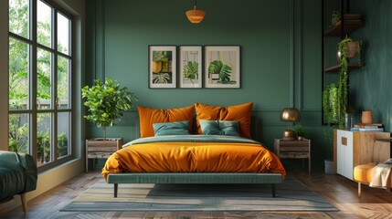 Bedroom With Green Walls and Bed 