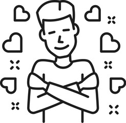 Self love psychological disorder problem, mental health. Human psychology, psychotherapy problem thin line vector sign. Cognitive disorder or mental health line pictogram with man hugging himself