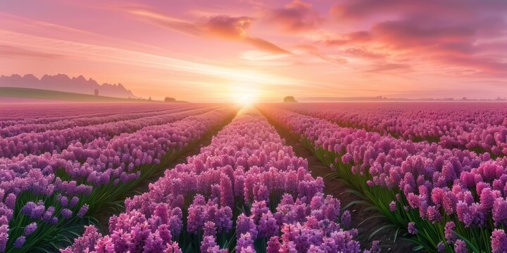 sunset over hyacinth field, field flowers, field, beautiful hyacinth plants, field art, field canvas, in the style of video glitches,