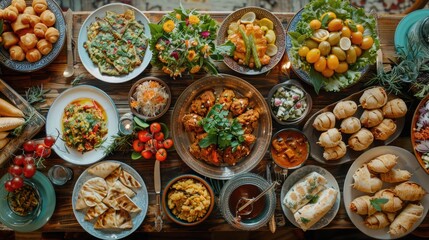 An overhead shot of a table filled with traditional Eid delicacies, ready for the festive meal shared among family and friends for Eid al Fitr - obrazy, fototapety, plakaty