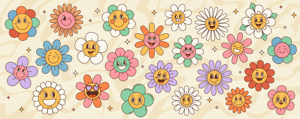 Retro hippie groovy daisy sunflower cute happy flower characters with faces vector background. Cartoon psychedelic floral pattern of funny chamomile personages with pink heart shaped sunglasses
