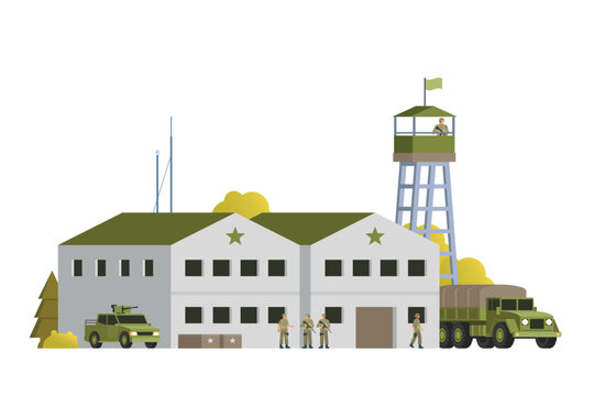 military base scene with soldiers and vehicles clip art preview