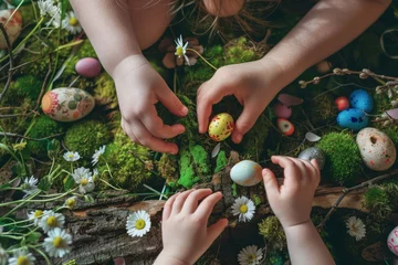Fotobehang Colorful Easter eggs in little girls hand. Children gathering decoration easter eggs in spring park © Nijieimu