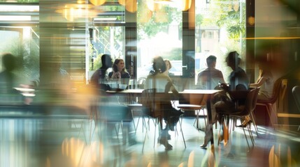 Group of office people walking in modern office open space, blurred office workers walking