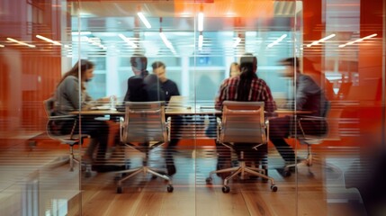 Fototapeta premium Group of office people walking in modern office open space, blurred office workers walking