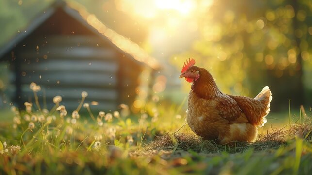 Hen Farm, sustainability and chicken flock on farm for organic, happy chicken in the meadow