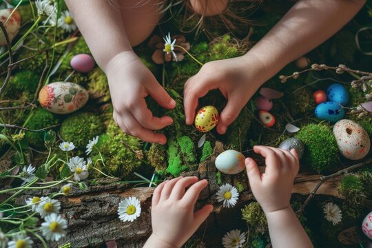 Colorful Easter eggs in little girls hand. Children gathering decoration easter eggs in spring park