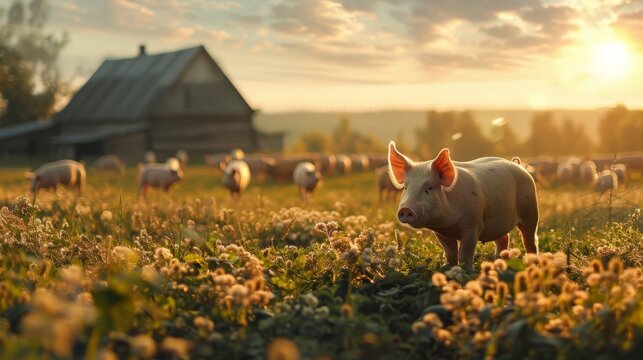 pig farm, An image of pigs in a meadow, Agriculture animal, an organic meat farm