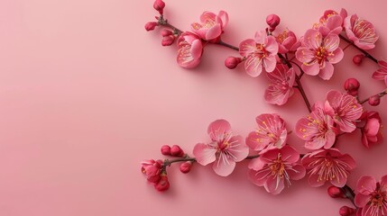 Fototapeta na wymiar Branch With Pink Flowers on Pink Background