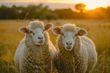 Sheep organic farm, An image of sheep in a meadow during the summer at sunset, Agriculture animal